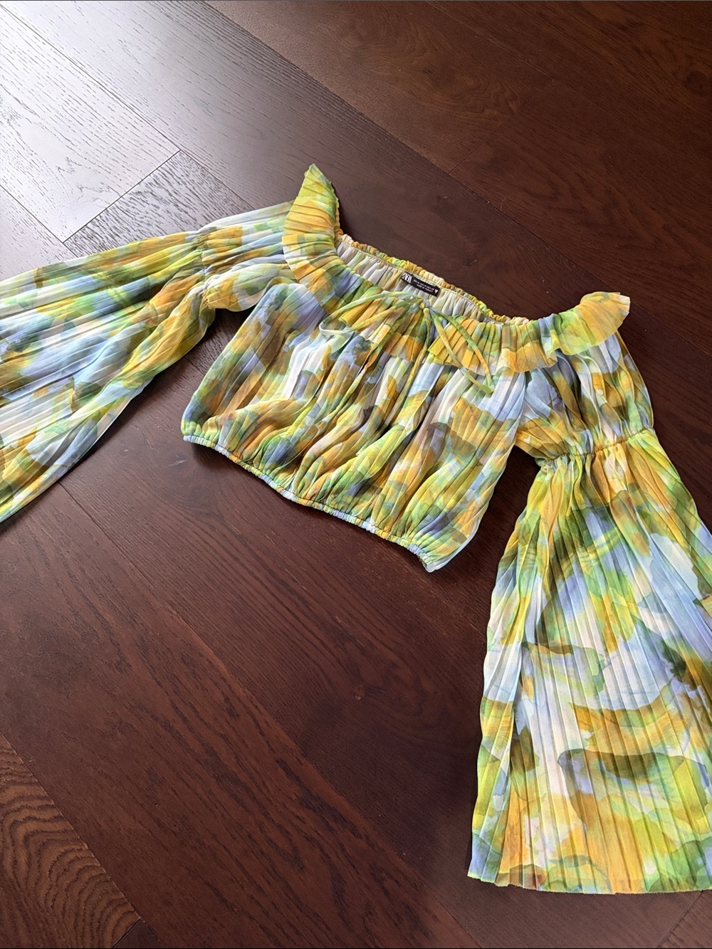 Zara Yellow Green Blue Off-Shoulder Pleated Crop Top